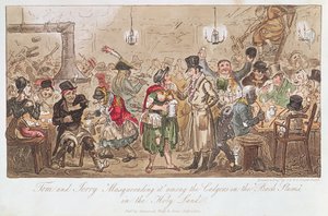 Tom és Jerry „Maszkírozása” a „Hátsó nyomornegyedekben” a Cadgerek között a Szentföldön, Pierce Egan (1772-1849) „Life in London” című művéből, Sherwood, Neely und Jones, 1821 (színes rézkarc) alkotó: George Cruikshank